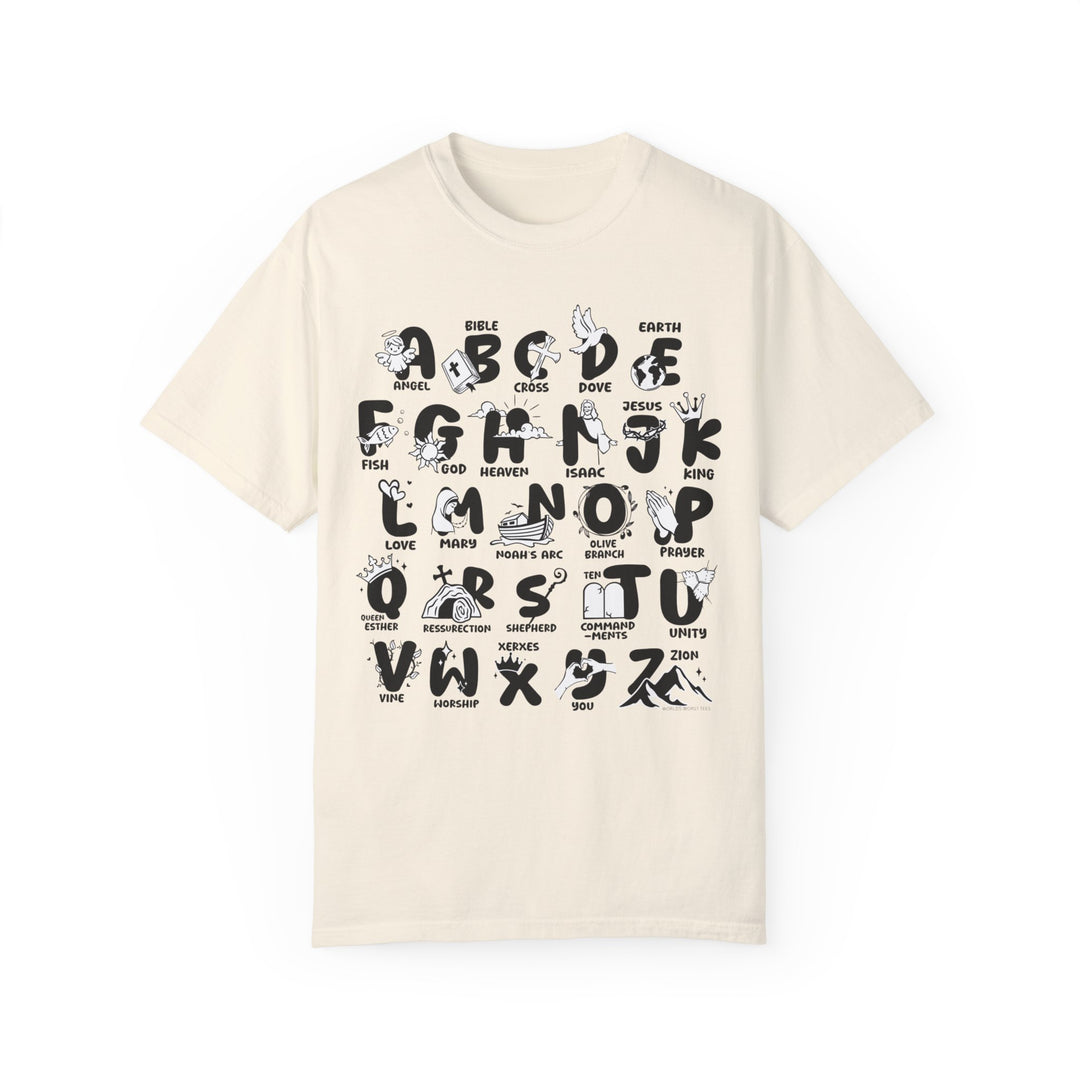 Bible Alphabet Tee: White t-shirt with black letters and logo, 100% ring-spun cotton, medium weight, relaxed fit, durable double-needle stitching, seamless design for comfort.