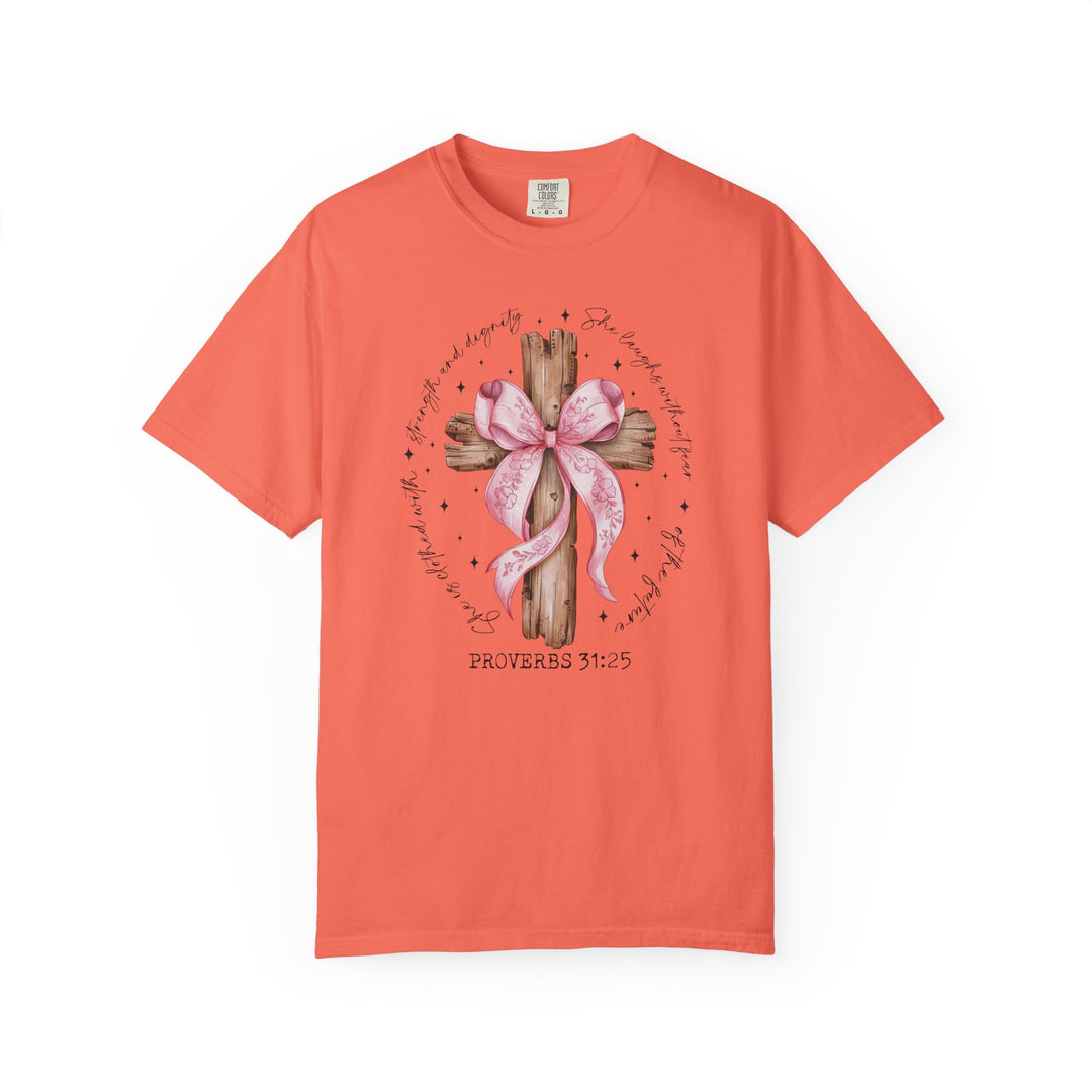 Proverbs 31:25 Tee featuring a rustic wooden cross with a floral ribbon, surrounded by script text. Available in various sizes for luxurious comfort and style.