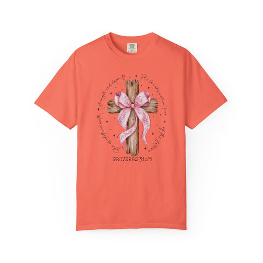 Proverbs 31:25 Tee featuring a rustic wooden cross with a floral ribbon, surrounded by script text. Available in various sizes for luxurious comfort and style.