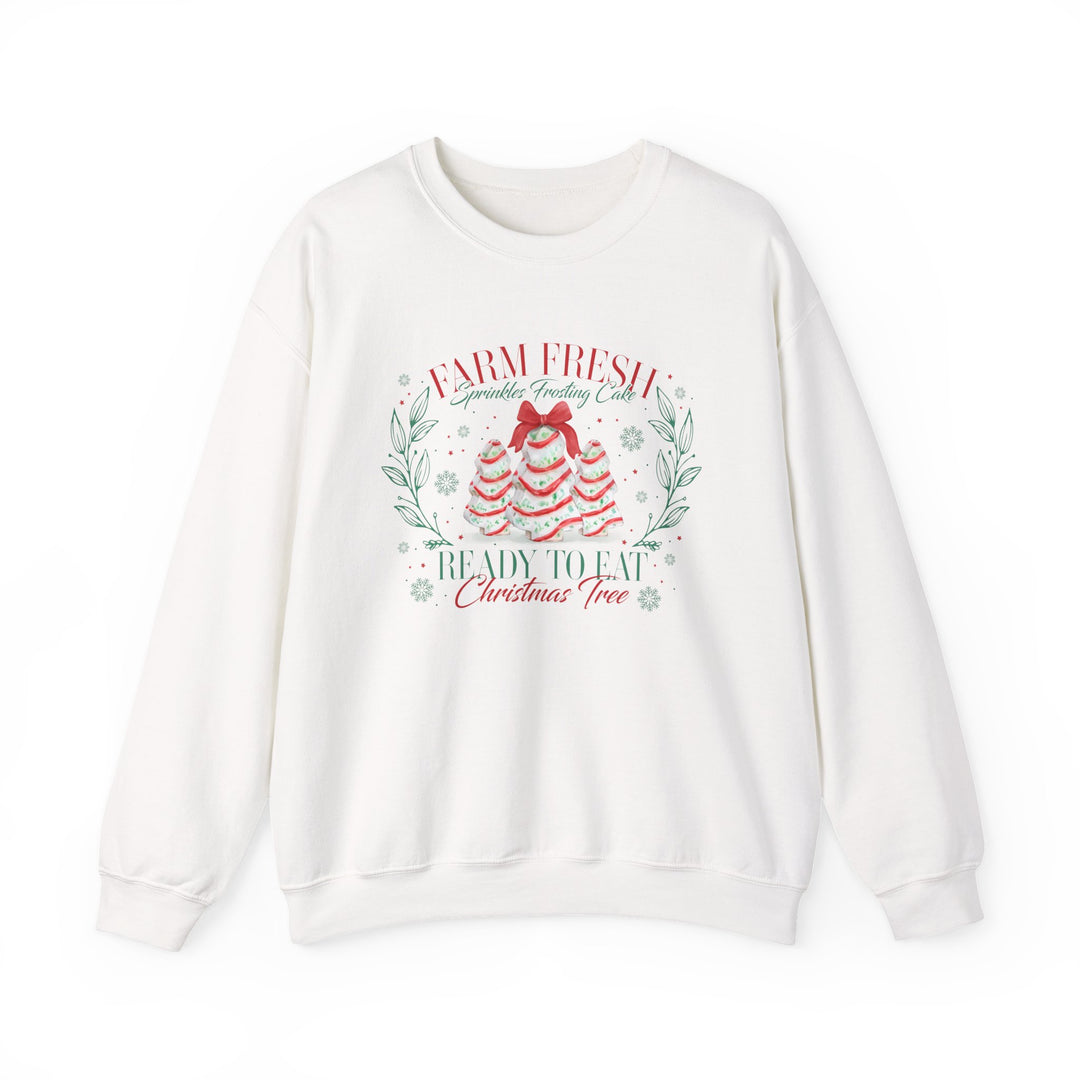 Farm Fresh Cookies Crew sweatshirt featuring festive cake-shaped Christmas trees, leafy wreaths, and snowflakes; unisex design with cozy cotton-polyester blend for comfort.