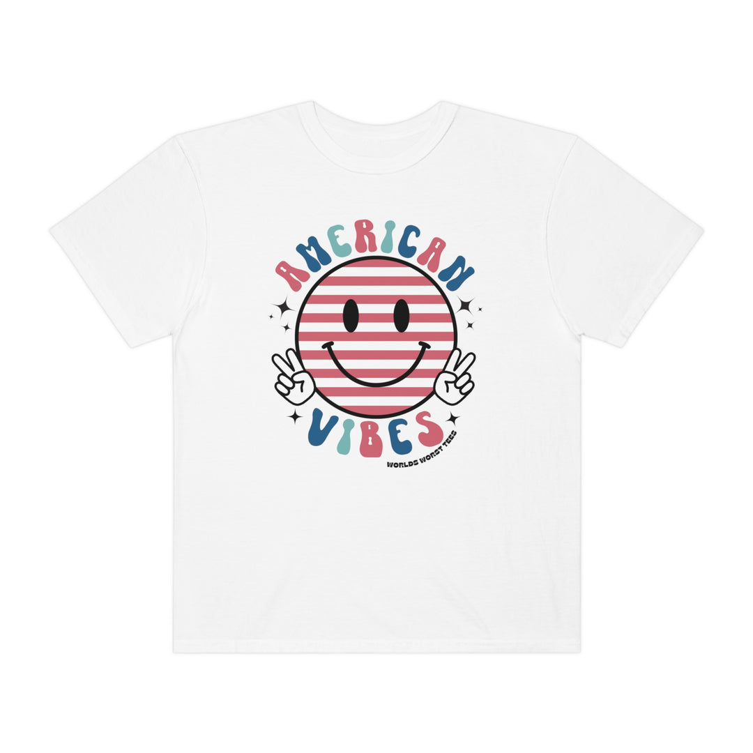 A relaxed fit American Vibes Tee in white, featuring a smiley face design. Made of 100% ring-spun cotton for comfort and durability. Ideal for daily wear with double-needle stitching and no side-seams for a tubular shape.