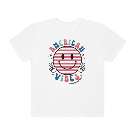 A relaxed fit American Vibes Tee in white, featuring a smiley face design. Made of 100% ring-spun cotton for comfort and durability. Ideal for daily wear with double-needle stitching and no side-seams for a tubular shape.