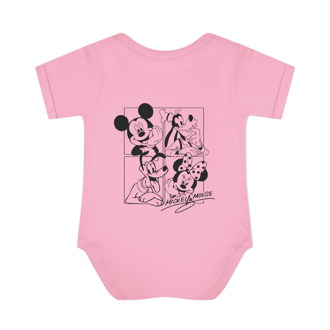 Mickey and CO Onesie: Soft, 100% ring-spun cotton infant bodysuit with lap shoulders, ensuring comfort and easy adjustments. Ideal for babies, emphasizing softness and fit.