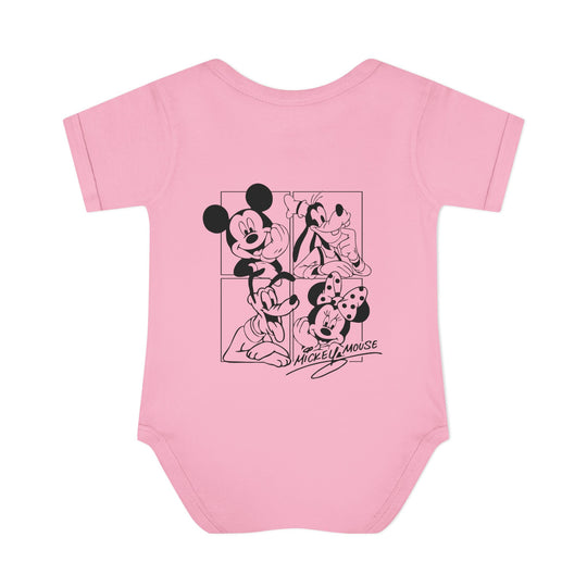 Mickey and CO Onesie: Soft, 100% ring-spun cotton infant bodysuit with lap shoulders, ensuring comfort and easy adjustments. Ideal for babies, emphasizing softness and fit.