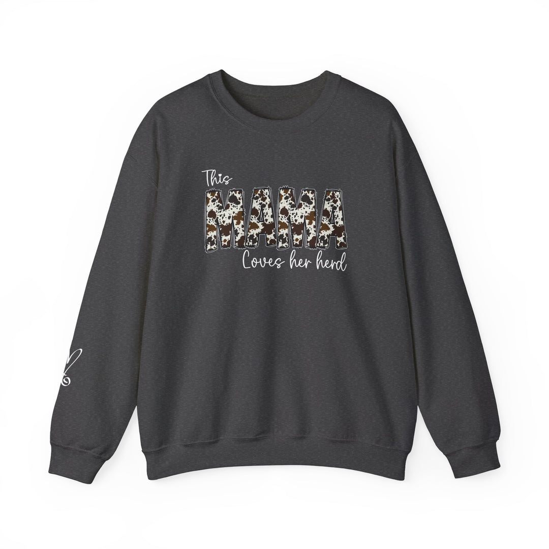 A grey sweatshirt featuring a cow print, ideal for comfort in any situation. Unisex Mama Herd Crew made of 50% cotton, 50% polyester blend with ribbed knit collar. Medium-heavy fabric, loose fit, true to size.