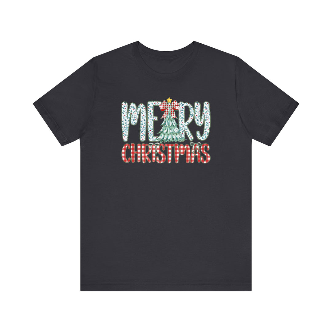 Tree Christmas Tee with playful Merry Christmas graphic, featuring a tree motif and gingham text, perfect for holiday wear. Soft, classic crew-neck design.