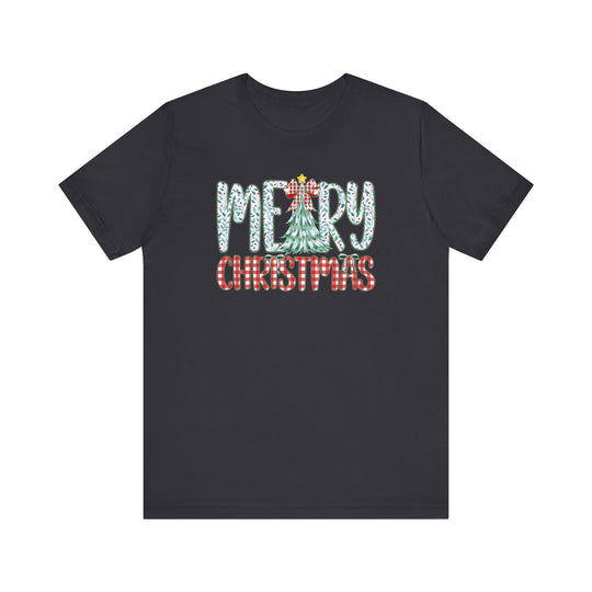Tree Christmas Tee with playful Merry Christmas graphic, featuring a tree motif and gingham text, perfect for holiday wear. Soft, classic crew-neck design.