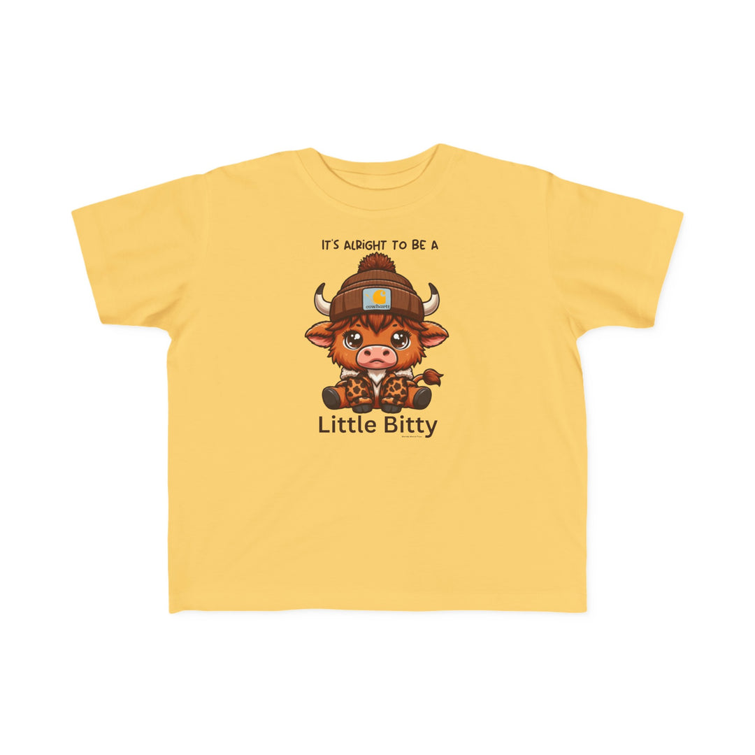 Little Bitty Toddler Tee featuring a cartoon cow design on soft yellow fabric. 100% combed ringspun cotton, light 4.5 oz/yd² fabric, tear-away label, classic fit. Sizes: 2T, 3T, 4T, 5-6T.