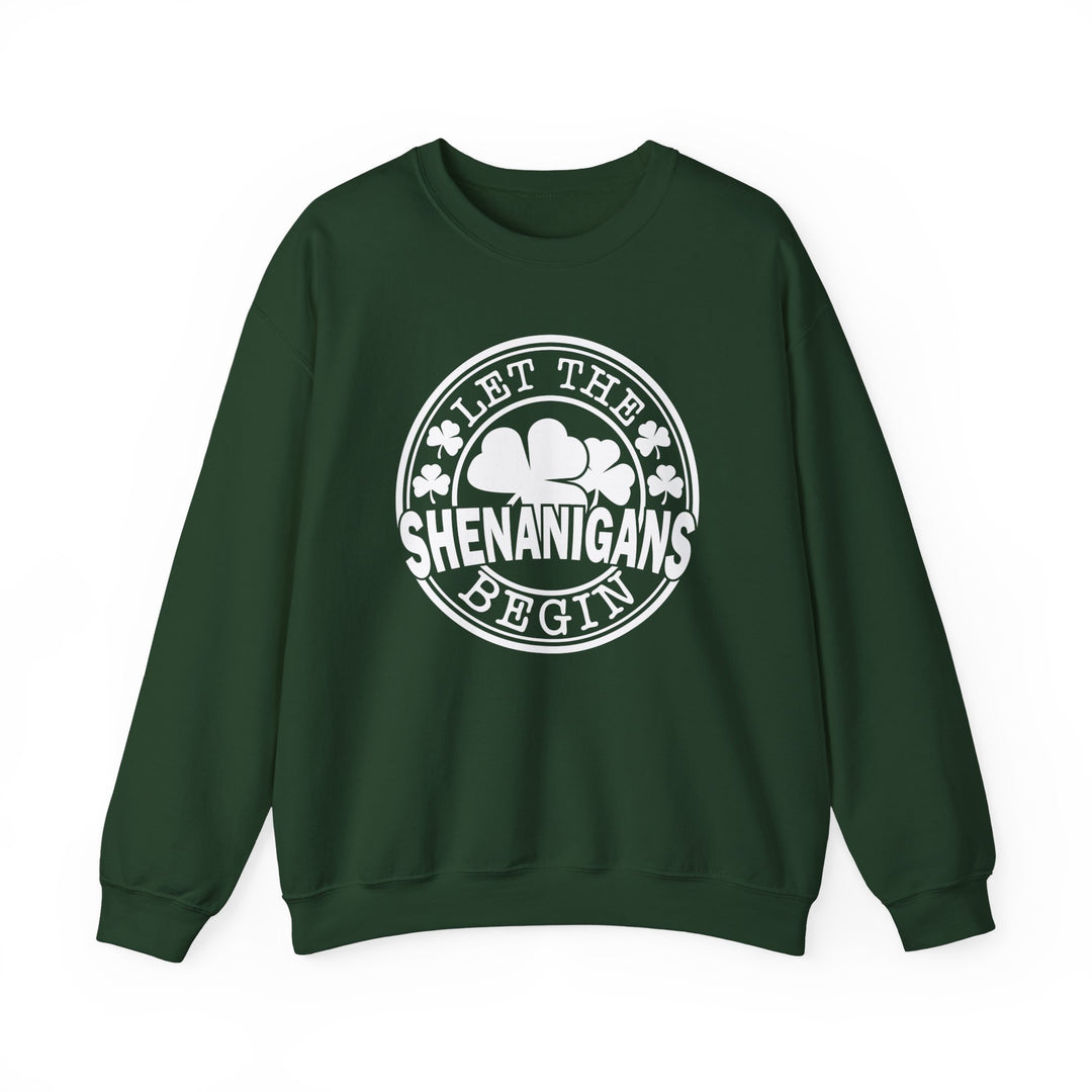 Let the Shenanigans Begin Day Crew sweatshirt with white text and clover logo, offering a comfortable, loose fit for casual wear.
