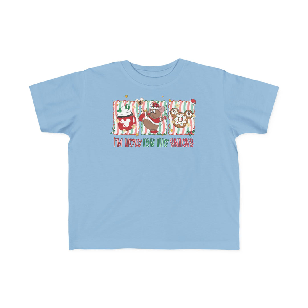 Here for the Snacks Toddler Tee features festive candy-cane panels with Christmas treats and the phrase “I’m here for the snacks!” Ideal for toddlers' comfort.