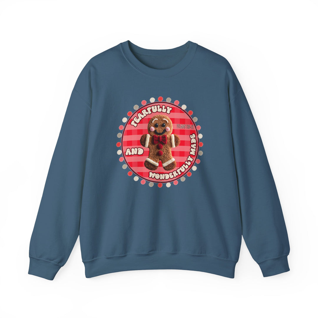 Wonderfully Made Crew sweatshirt features a smiling gingerbread man with Fearfully and Wonderfully Made text on a red gingham circle, ideal for cozy, stylish wear.