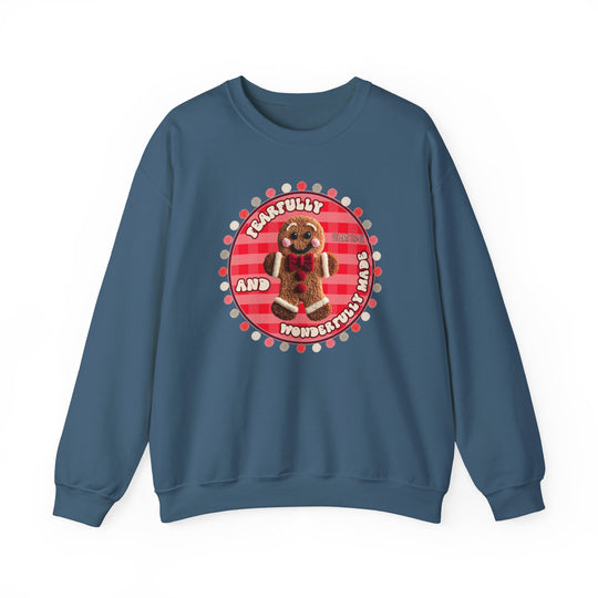 Wonderfully Made Crew sweatshirt features a smiling gingerbread man with Fearfully and Wonderfully Made text on a red gingham circle, ideal for cozy, stylish wear.