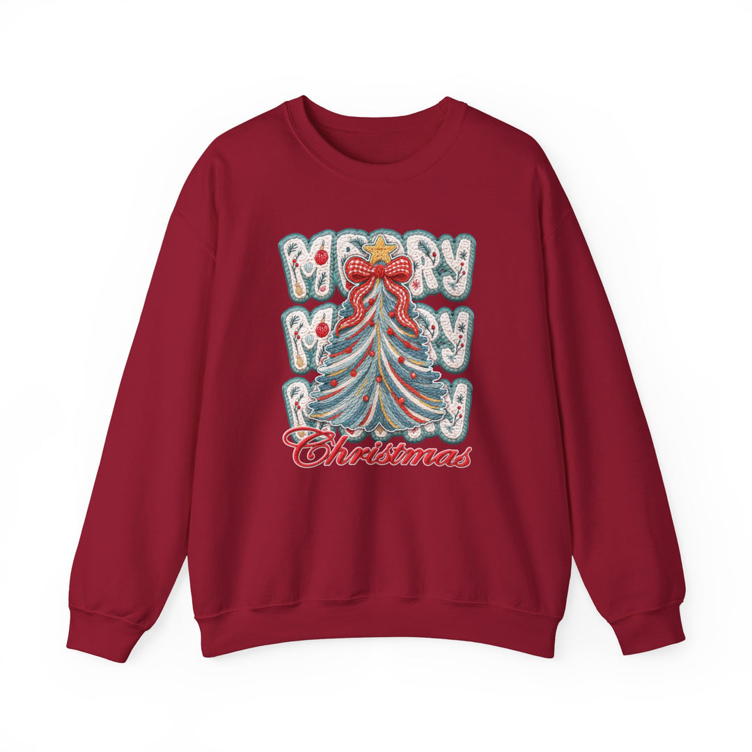 Red crewneck sweatshirt with a festive embroidered Christmas tree and Merry Merry Christmas text, offering cozy comfort and durability for the holiday season.
