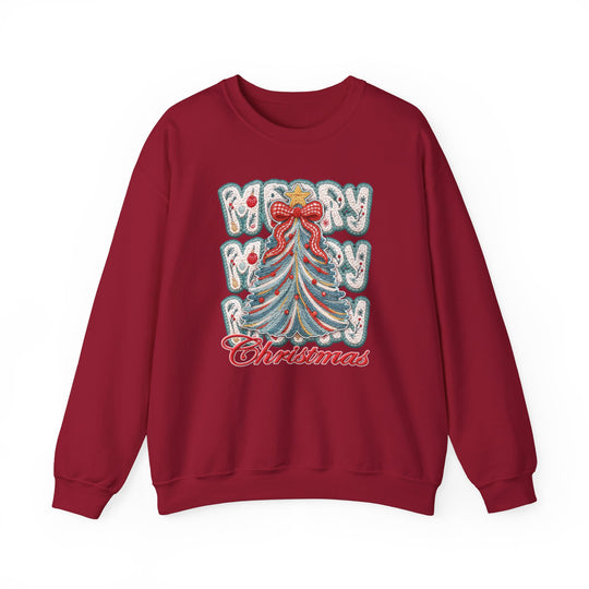 Red crewneck sweatshirt with a festive embroidered Christmas tree and Merry Merry Christmas text, offering cozy comfort and durability for the holiday season.