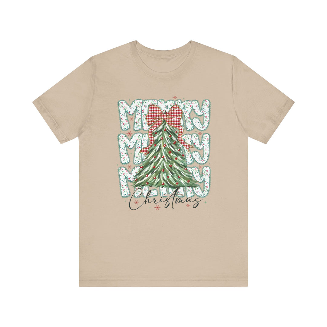 Merry Merry Merry Christmas Tee featuring a hand-painted evergreen tree with red baubles and gingham bow, framed by MERRY and Christmas text.