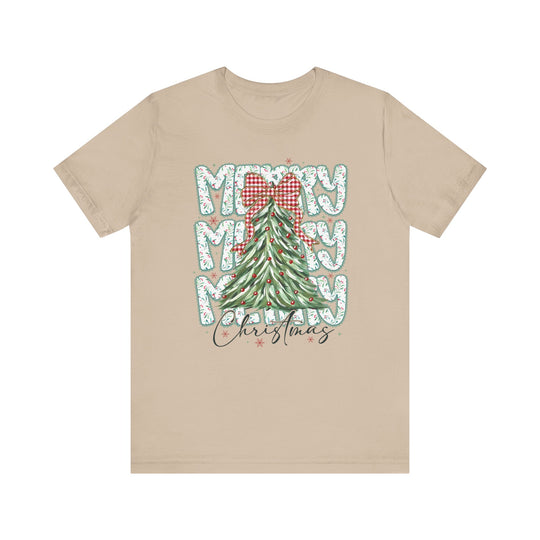 Merry Merry Merry Christmas Tee featuring a hand-painted evergreen tree with red baubles and gingham bow, framed by MERRY and Christmas text.