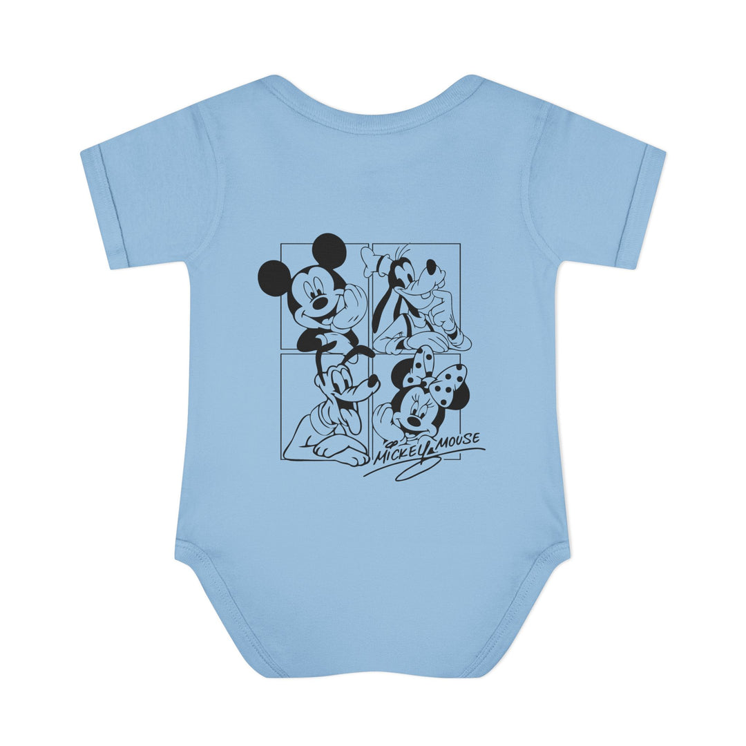 Mickey and CO Onesie: Infant bodysuit with lap shoulders, made from soft, 100% ring-spun cotton, designed for comfort and easy adjustments.