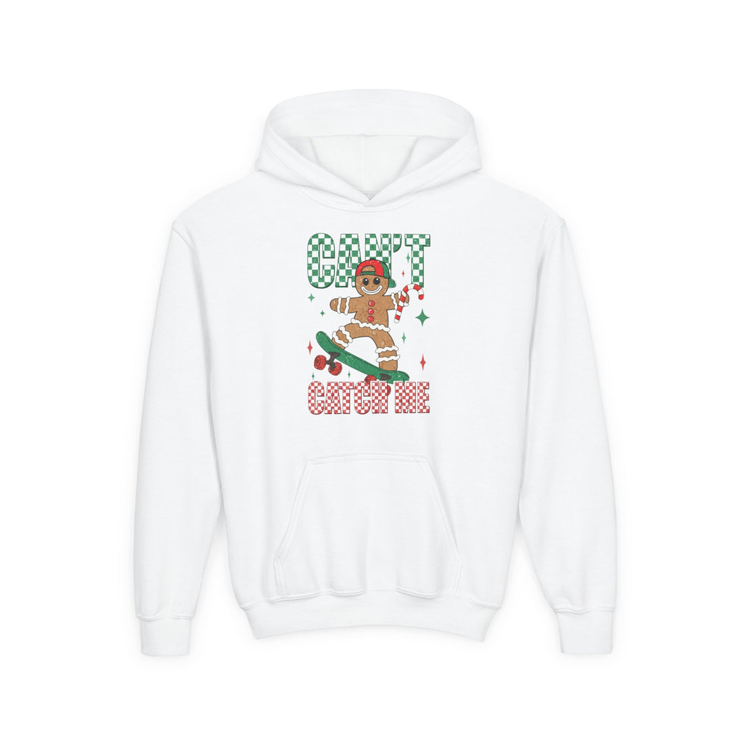 Can't Catch Me Youth Hoodie featuring a gingerbread character skateboarding, with festive checkerboard text and starbursts on a white pullover with kangaroo pocket.