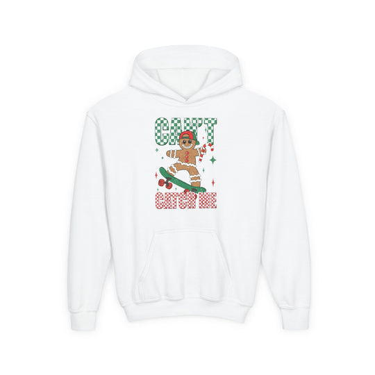 Can't Catch Me Youth Hoodie featuring a gingerbread character skateboarding, with festive checkerboard text and starbursts on a white pullover with kangaroo pocket.