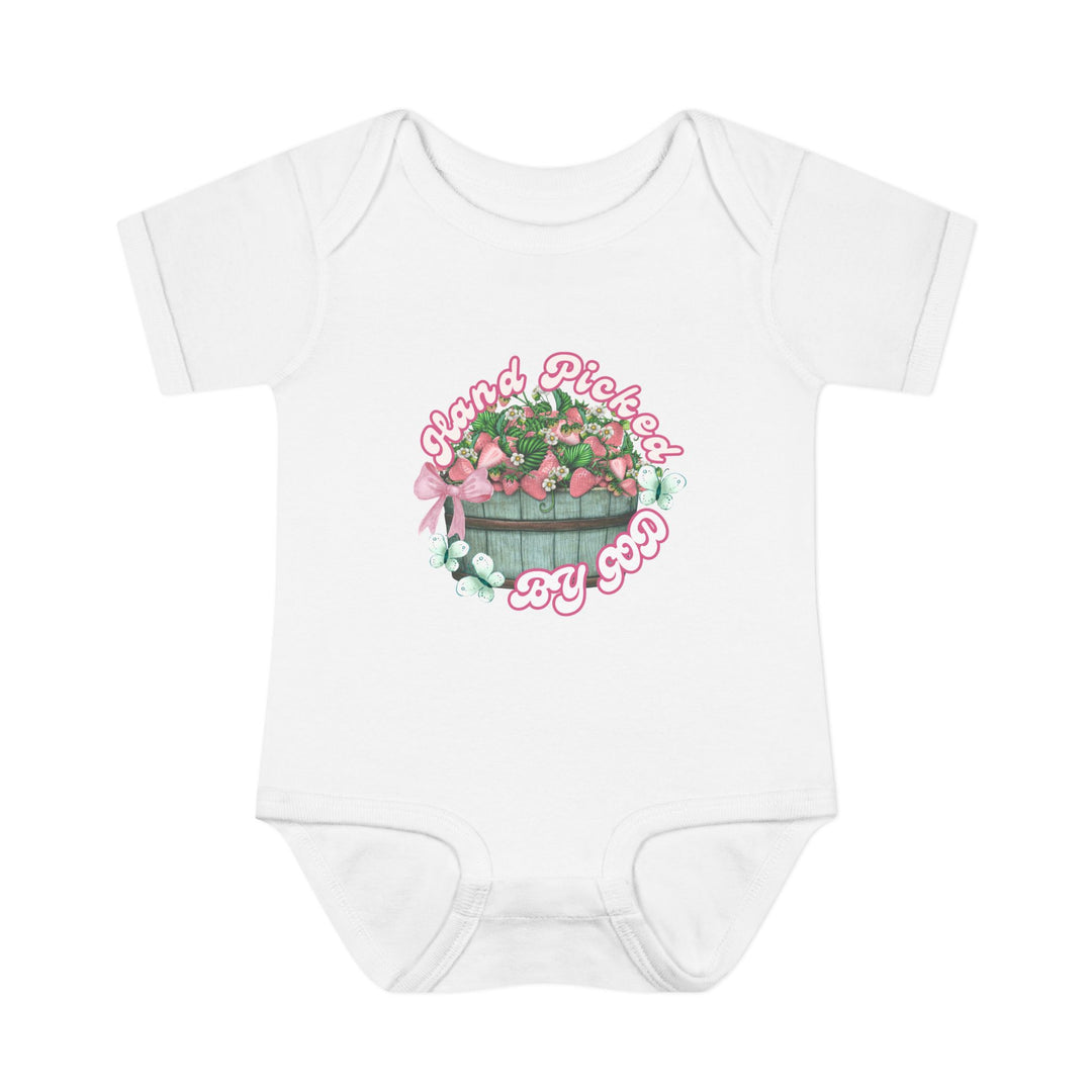 Infant bodysuit titled Hand Picked by GOD Onesie, featuring a soft, one-piece design with lap shoulders for easy dressing, emphasizing comfort for babies.