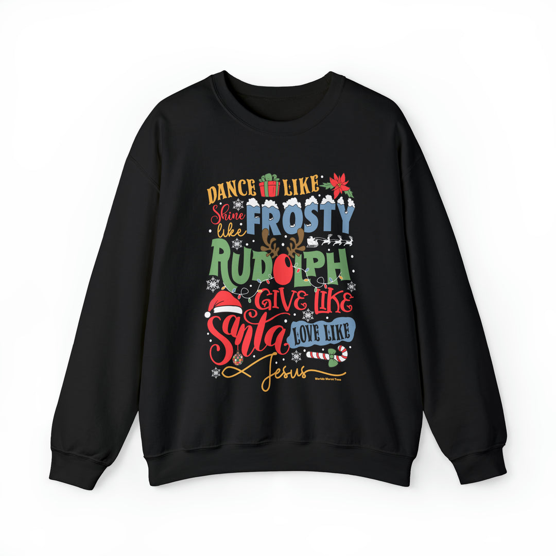 Unisex Frosty Rudolph Santa Jesus Crew sweatshirt, a cozy blend of cotton and polyester. Ribbed collar, no itchy seams, loose fit. Sizes S-5XL. Ideal for comfort and style.