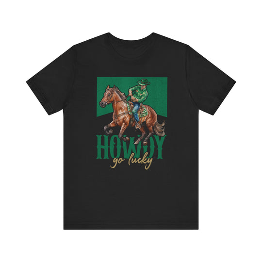 Howdy Go Lucky Tee featuring a cowboy riding a horse, offering a soft, comfortable fit with ribbed knit collars and durable side seams.