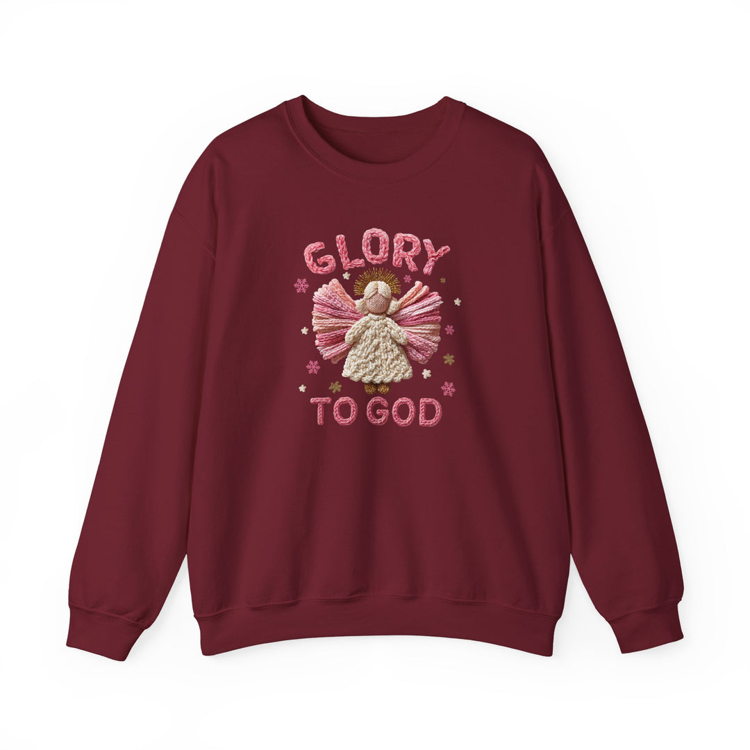Burgundy sweatshirt featuring a yarn-style embroidered angel with stars, snowflakes, and GLORY TO GOD text. Cozy, durable, ideal for colder months.