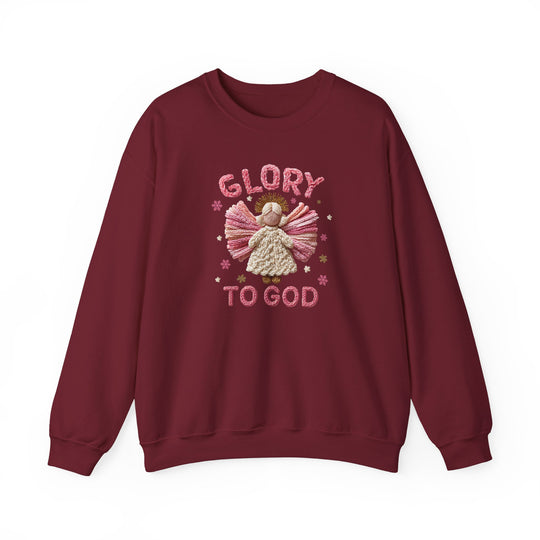 Burgundy sweatshirt featuring a yarn-style embroidered angel with stars, snowflakes, and GLORY TO GOD text. Cozy, durable, ideal for colder months.