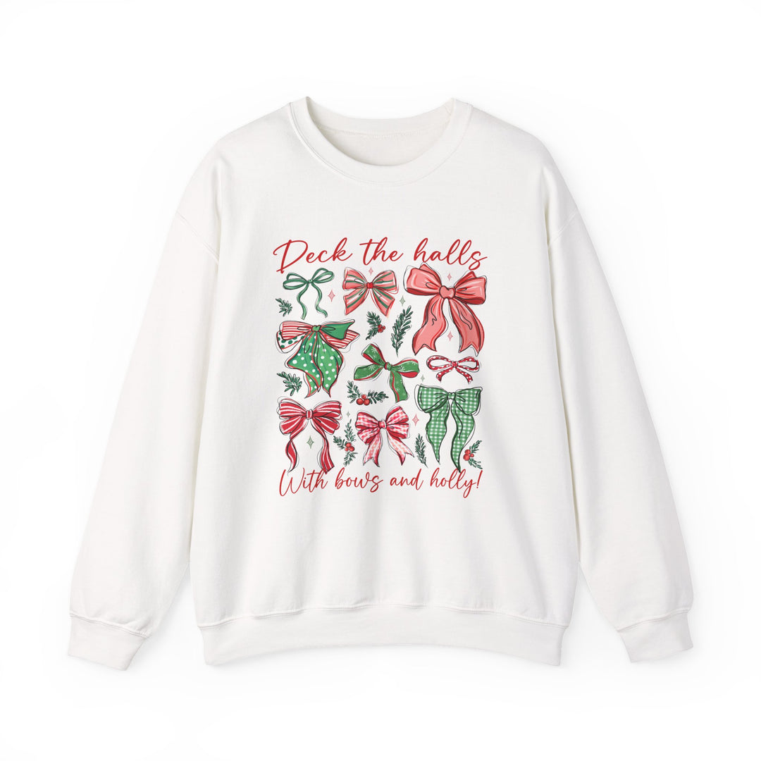 Deck the Halls Crew: A white sweatshirt featuring festive bows and holly design, perfect for cozy, stylish warmth during the holidays.