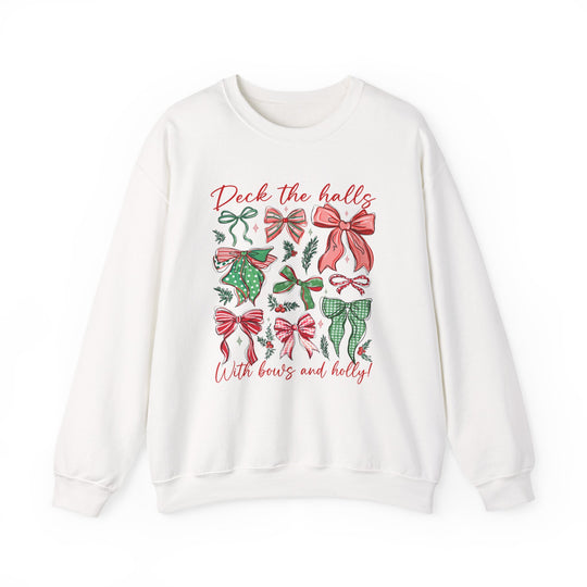 Deck the Halls Crew: A white sweatshirt featuring festive bows and holly design, perfect for cozy, stylish warmth during the holidays.