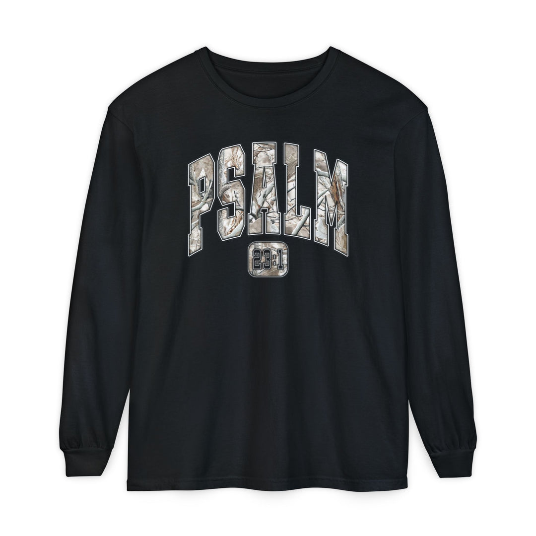 Black long-sleeve crew-neck shirt with PSALM in leaf-patterned letters and 23:1 graphic, made from 100% ring-spun cotton, designed for comfort and style.