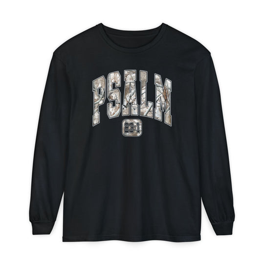 Black long-sleeve crew-neck shirt with PSALM in leaf-patterned letters and 23:1 graphic, made from 100% ring-spun cotton, designed for comfort and style.