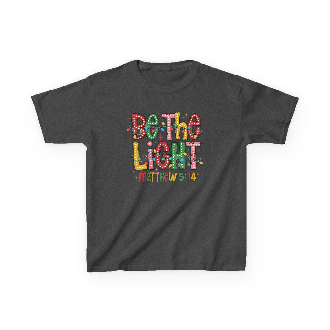 Be the Light Kids Tee with festive, hand-lettered design featuring colorful string lights and “Matthew 5:14” on a charcoal-gray cotton T-shirt.