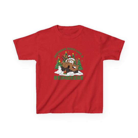 Reindeere Kids Tee featuring a cartoon tow-truck as a reindeer with antlers and Santa hat, surrounded by Christmas trees, snowman, and gift on a red cotton shirt.