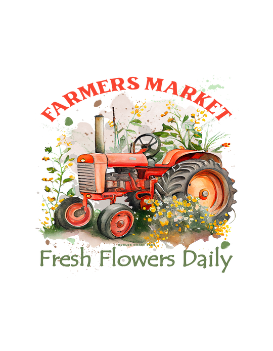 A relaxed fit Fresh Flowers Tee in ring-spun cotton, featuring a red tractor with flowers watercolor design. Garment-dyed for coziness, with double-needle stitching for durability. From Worlds Worst Tees.