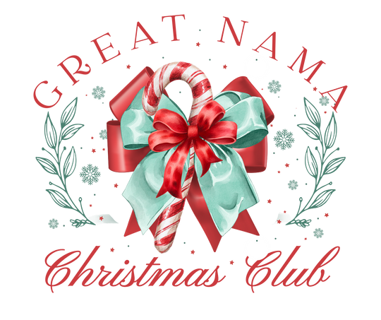 Great Mama Christmas Club Hoodie features a festive candy cane logo with bows and snowflakes, ideal for cozy, stylish winter wear.