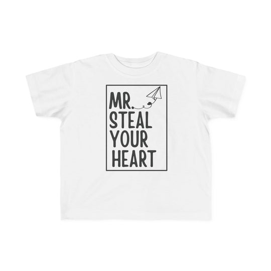 Mr. Steal Your Heart Tee: White toddler T-shirt with a hand-lettered design, featuring a paper-airplane sketch and text framed by a thin rectangle.