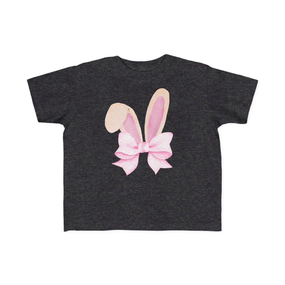 Bunny Bow Toddler Tee: Dark-charcoal heather T-shirt with watercolor bunny ears and pastel-pink bow, perfect for toddlers' sensitive skin.