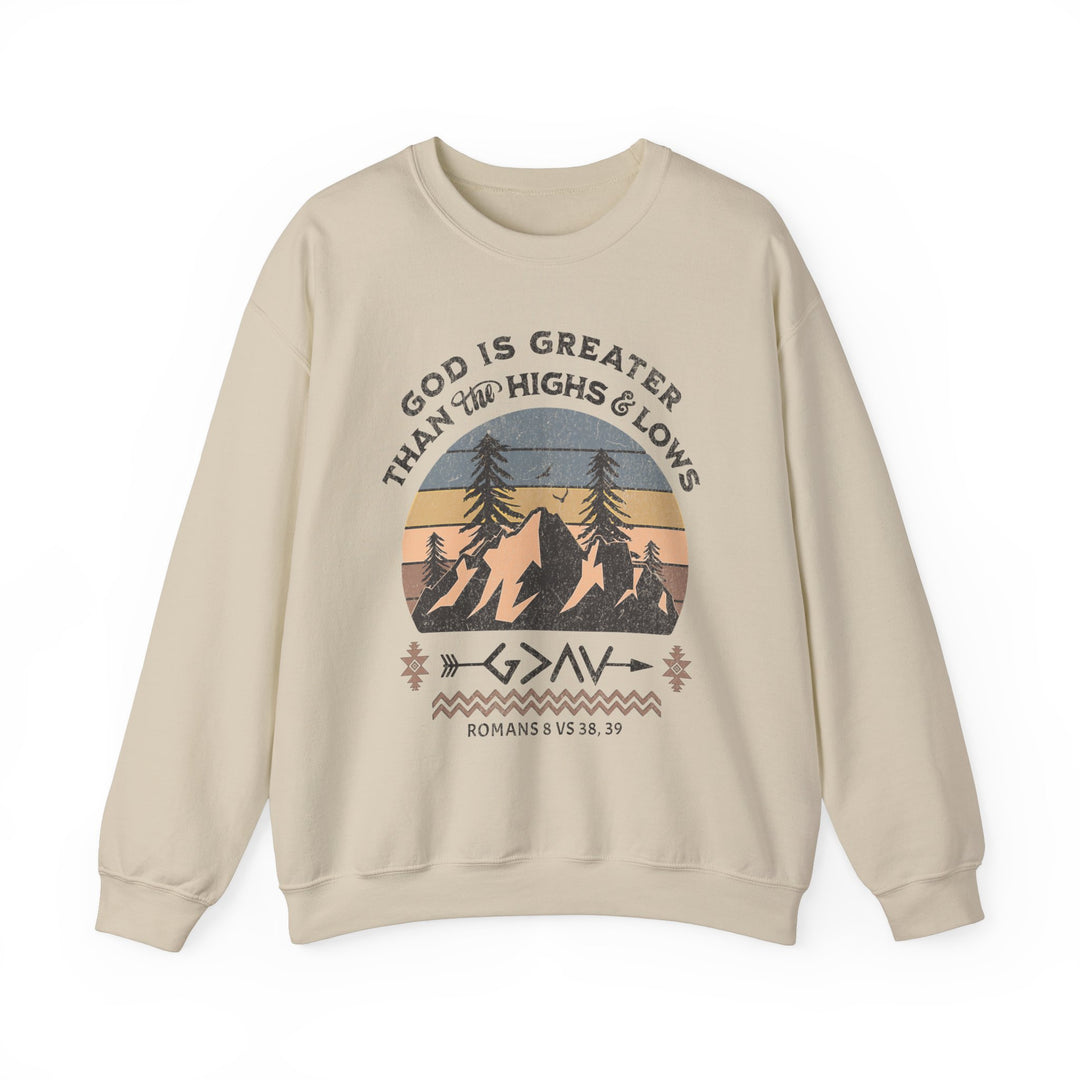 God Is Greater Crew sweatshirt featuring a graphic of mountains and trees, showcasing a comfortable blend of polyester and cotton with ribbed collar.