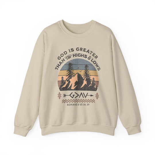 God Is Greater Crew sweatshirt featuring a graphic of mountains and trees, showcasing a comfortable blend of polyester and cotton with ribbed collar.