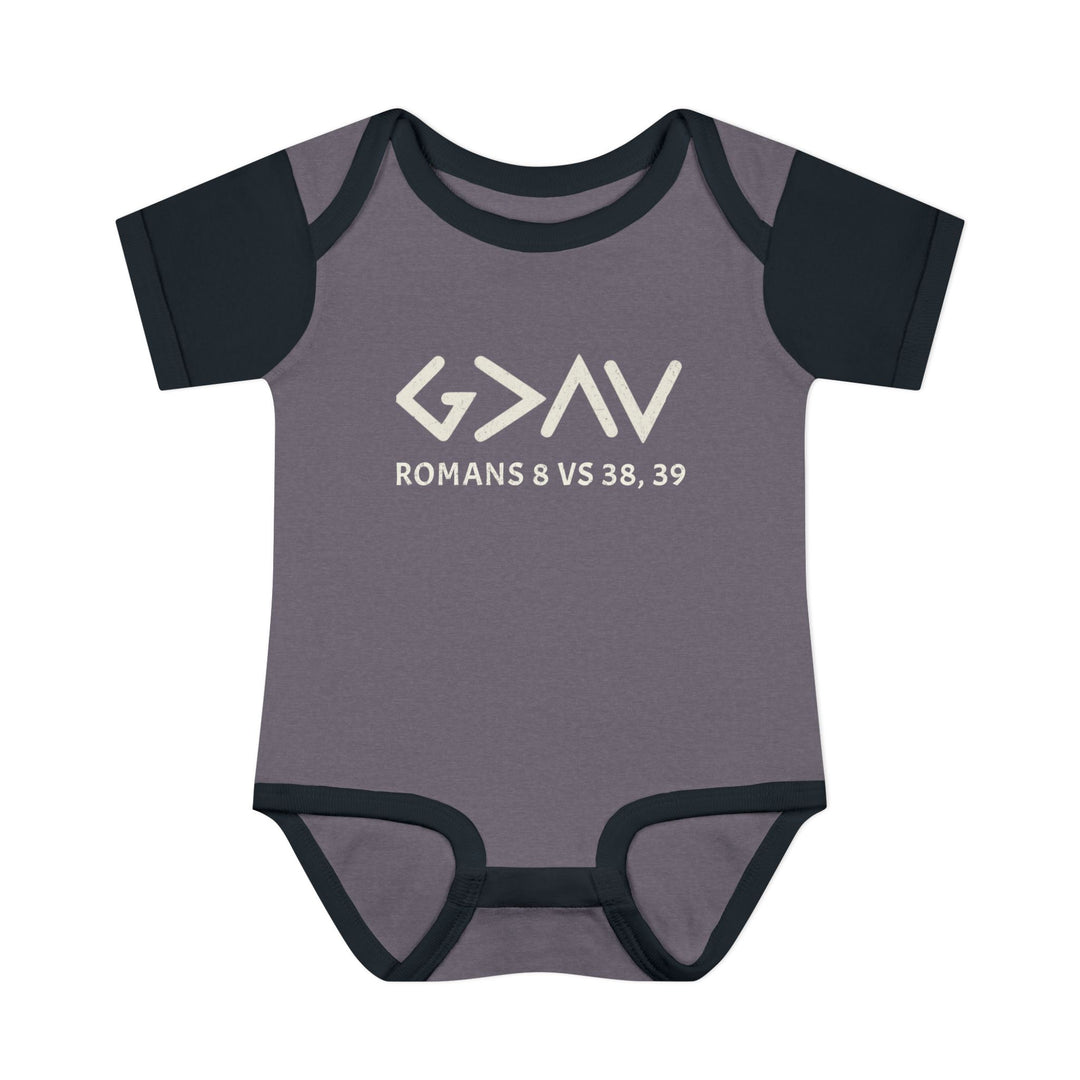 God is Greater Onesie: Grey and black baby bodysuit with white text, featuring lap shoulders for easy dressing, made from soft ring-spun cotton for infant comfort.