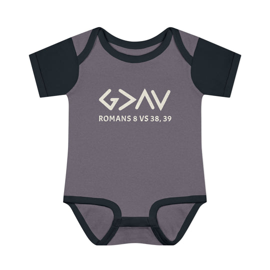 God is Greater Onesie: Grey and black baby bodysuit with white text, featuring lap shoulders for easy dressing, made from soft ring-spun cotton for infant comfort.