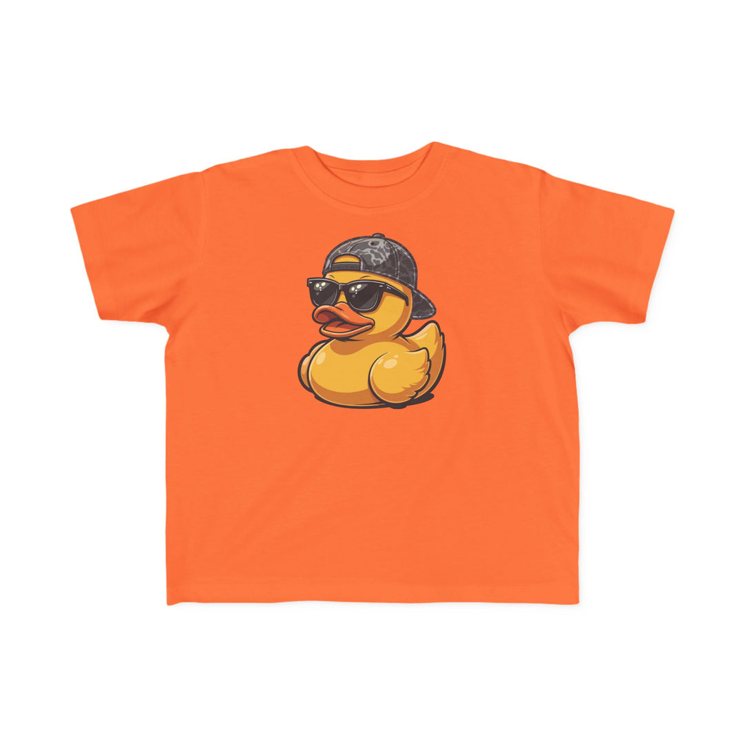 Ducky Toddler Tee featuring a cartoon rubber duck with sunglasses and camo cap, perfect for toddlers. Soft, durable print ideal for first adventures.