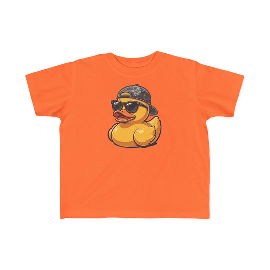 Ducky Toddler Tee featuring a cartoon rubber duck with sunglasses and camo cap, perfect for toddlers. Soft, durable print ideal for first adventures.