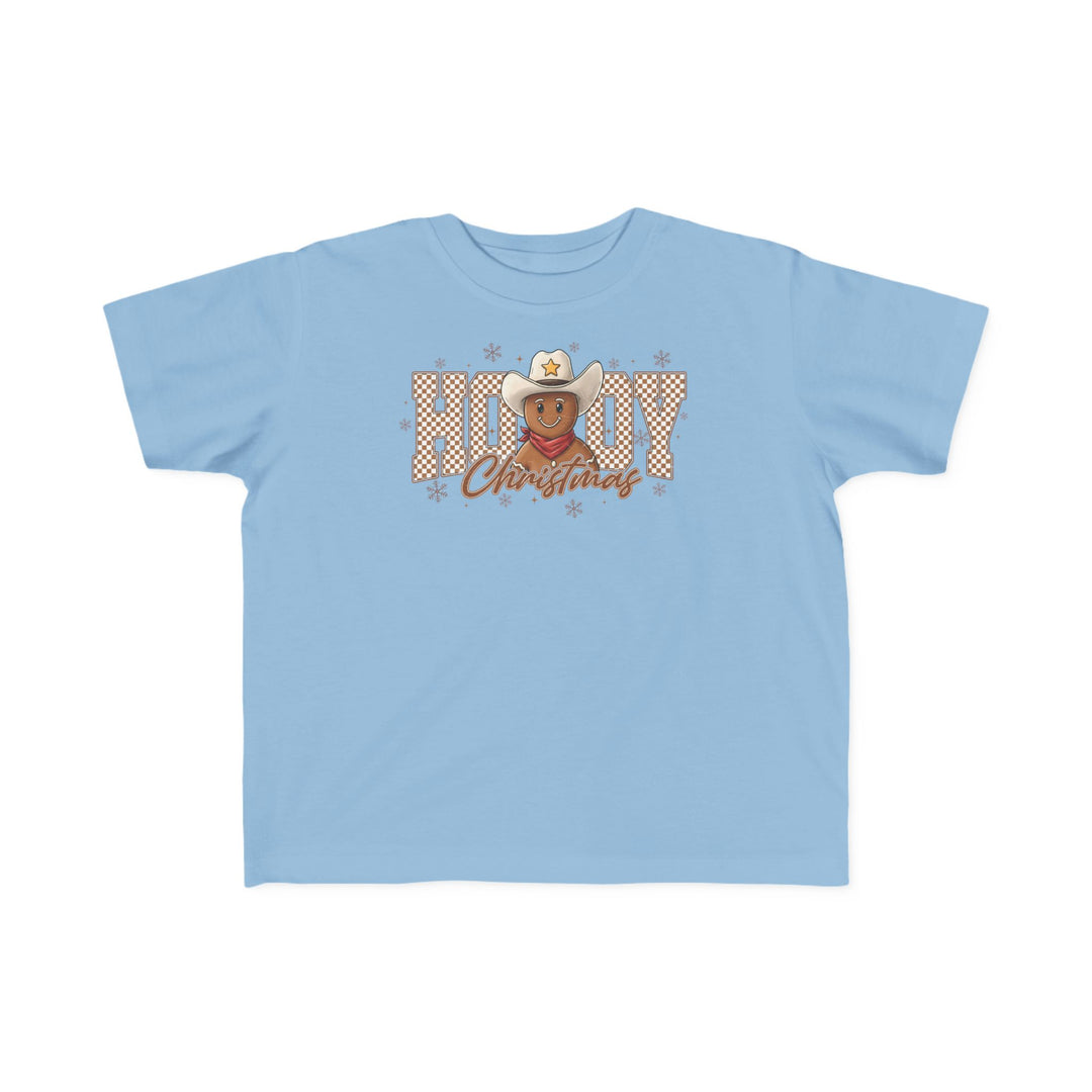 Howdy Christmas Toddler Tee featuring a festive cowboy-gingerbread design with HOWDY and Christmas text, ideal for toddlers with its soft cotton fabric.