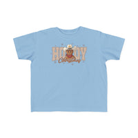 Howdy Christmas Toddler Tee featuring a festive cowboy-gingerbread design with HOWDY and Christmas text, ideal for toddlers with its soft cotton fabric.