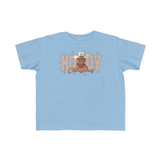 Howdy Christmas Toddler Tee featuring a festive cowboy-gingerbread design with HOWDY and Christmas text, ideal for toddlers with its soft cotton fabric.