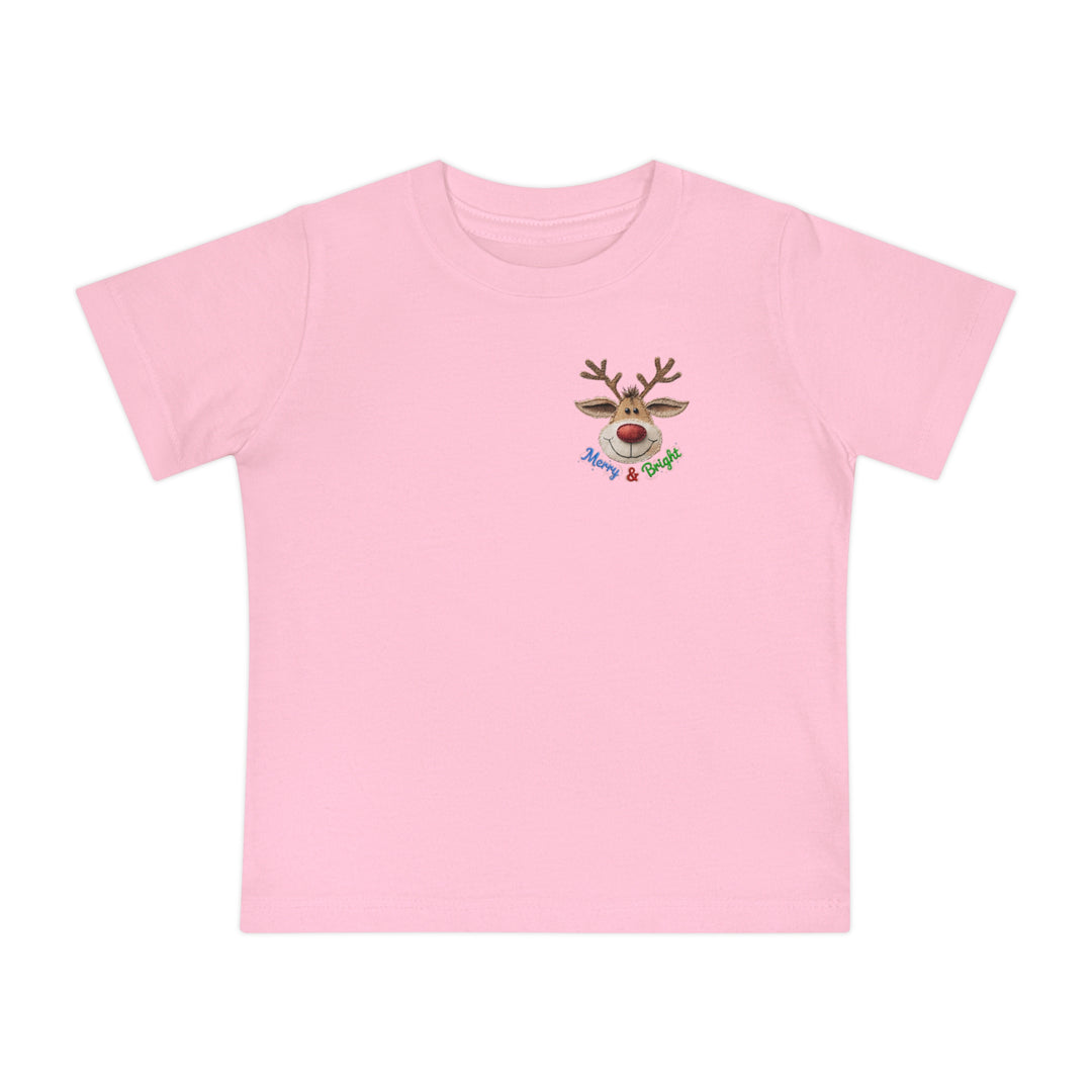 Merry and Bright Tee: Light pink, child-sized crewneck with a cartoon reindeer and Merry & Bright in festive lettering, ideal for stylish, comfortable wear.