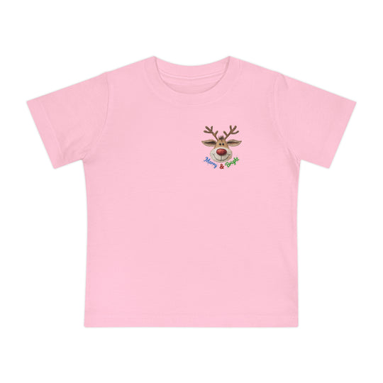Merry and Bright Tee: Light pink, child-sized crewneck with a cartoon reindeer and Merry & Bright in festive lettering, ideal for stylish, comfortable wear.