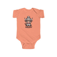 A baby bodysuit featuring a cow wearing a hat, part of the Howdy Onesie collection at Worlds Worst Tees. Made of 100% cotton, with ribbed bindings and plastic snaps for easy changing access.